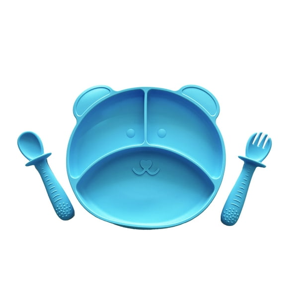 Alimentacion Bebe: Plato triple de silicona con cubiertos. Azul