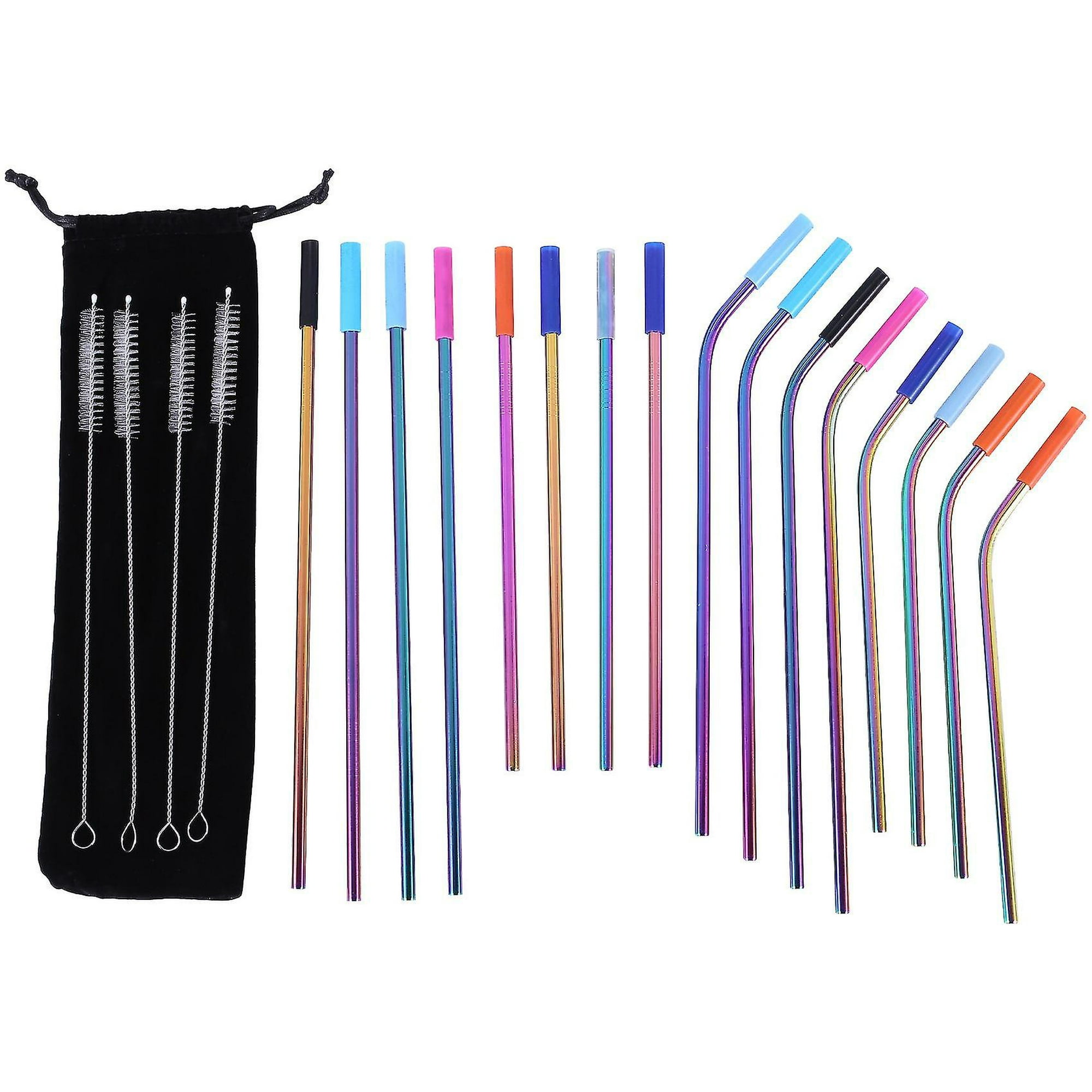 Paquete de 16 pajitas de metal reutilizables de color arcoíris con punta de  silicona, pajitas largas de acero inoxidable de colores D
