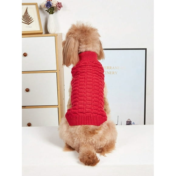 1pc purple pet sweater with knitted turndown collar high elasticity grid design classic solid color autumn and winter