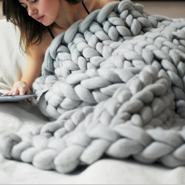 Manta de punto grueso de lana merino (30 x 40 pulgadas) de hilo grueso  gigante suave hecha a mano para decorar el hogar, color gris