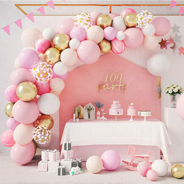 Kit de arco de guirnalda de globos rosas, globos de confeti de oro rosa  claro y blanco, globos de lá JAMW Sencillez