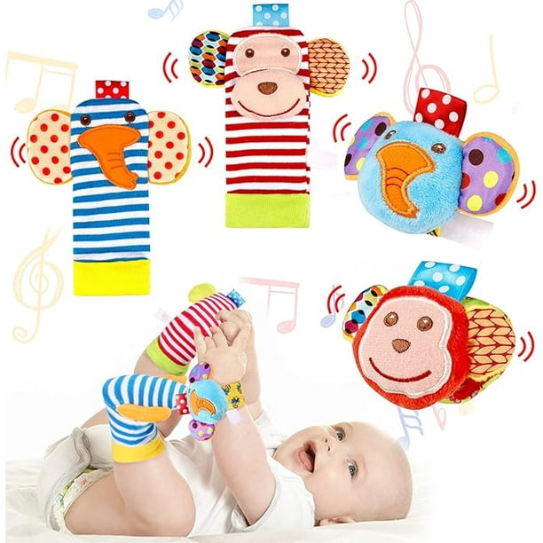Ballery Sonajero de muñeca y calcetines para bebé, juego de 4 sonajeros  para pies y muñecas, sonajeros para bebés, sonajeros para muñecas y pies,  juguetes educativos Montessori para 0-6 meses JM