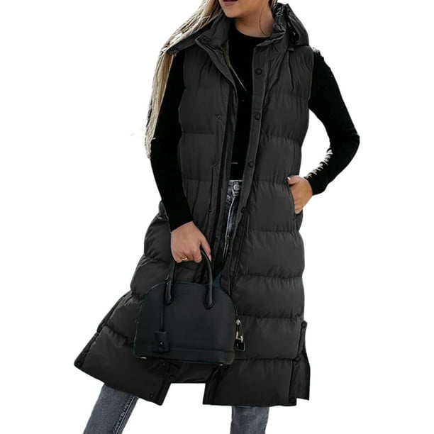  Chaleco acolchado con capucha para mujer, chaqueta de plumón,  abrigo casual de moda, de algodón, acolchado, chaleco largo, Negro - :  Ropa, Zapatos y Joyería