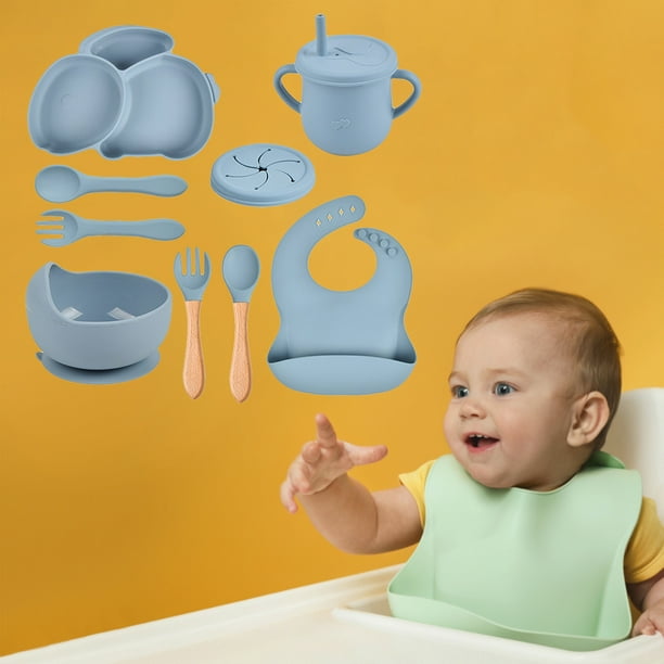 Juego De Vajilla Para Bebé Juego de platos de alimentación de silicona  suave para bebés, plato con ventosa, cuenco, baberos, cuchara, tenedor  (Y20) Ndcxsfigh Libre de BPA