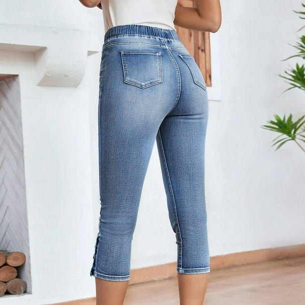 Gibobby Jeans pantalones de mujer Pantalones vaqueros para mujer,  informales, con cintura elástica, pantalones vaqueros elásticos, pantalones  recortados(Azul,M)