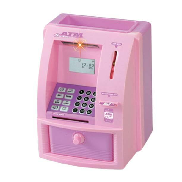 Mini caja de ahorros de cajero automático de juguete, máquina de alcancía  rosa para dinero real con tarjeta, alimentador de facturas, lector de