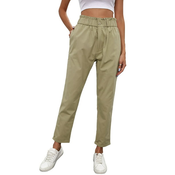 ABPHQTO Pantalones informales con bolsillos en la cintura y cintura alta  color caqui para mujer