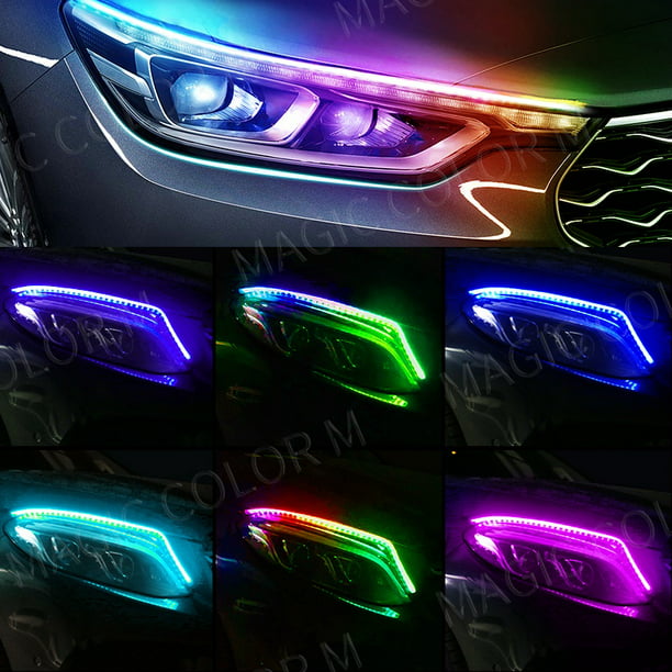 Luces LED para exterior de coche, 2 unidades de luces diurnas multicolores  de 24 pulgadas, kits de tiras de luces LED flexibles RGB, para reemplazar  faros delanteros con conmutación de automóvil, lámpara