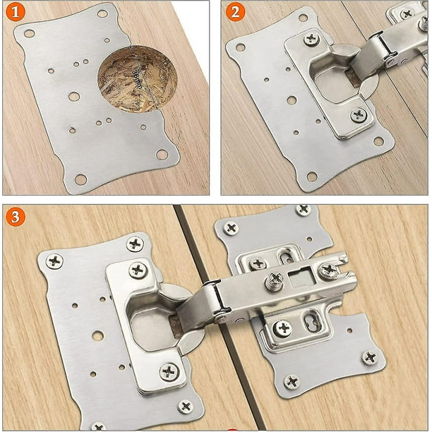 Kit de placas de fijación de bisagra de gabinete para reparación de bisagra  de acero inoxidable con agujeros para gabinete, cocina, puerta, armario