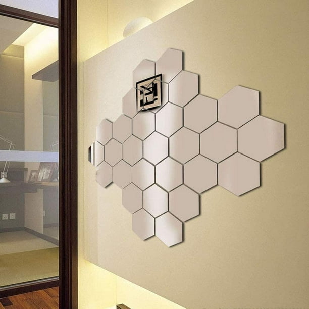 Adhesivo de pared con ajuste de espejo acrílico extraíble de 12 piezas para  , De plata 40x23mm Macarena adhesivo de pared hexagonal espejo