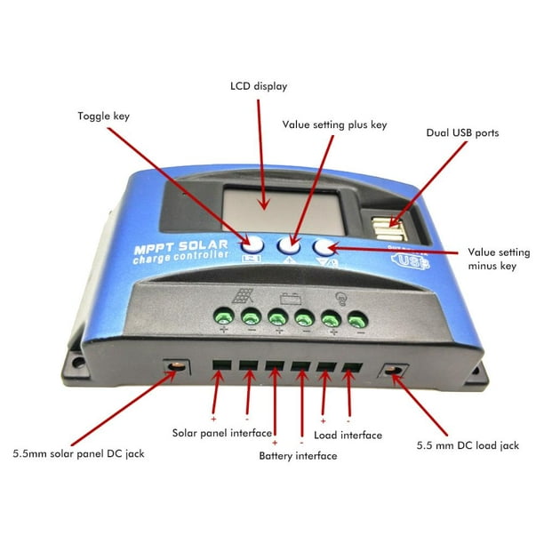 MPPT Controlador de carga solar, MPPT 40/50/60/100A Controlador de carga  solar Dual USB LCD Display 12V 24V (40A)