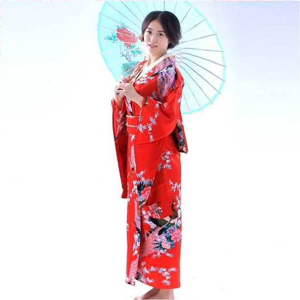 Minnieouse Mujeres Niñas Satén Japonés Kimono Largo Yukata Foto Cosplay  Disfraz Disfraces de disfraces rojo Minnieouse FS9822-01