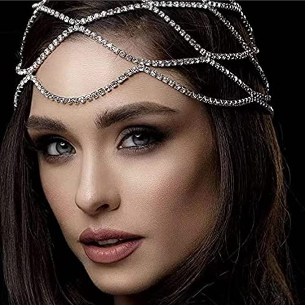 Diadema de malla con diamantes de imitación, gorro plateado rugiente de los  años 20, cadena con cabeza de aleta de cristal, accesorios para el cabello