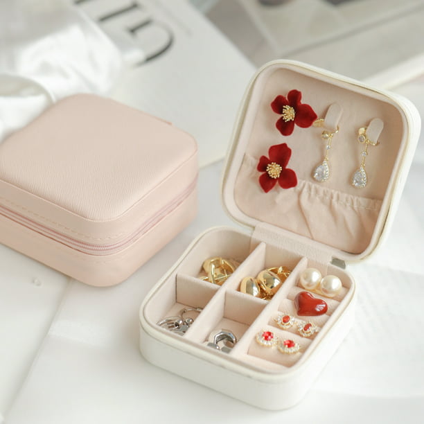 Mini joyero portátil de viaje de cuero para joyas de anillo organizador  caja de regalo de almacenamiento para niñas y mujeres (blanco).