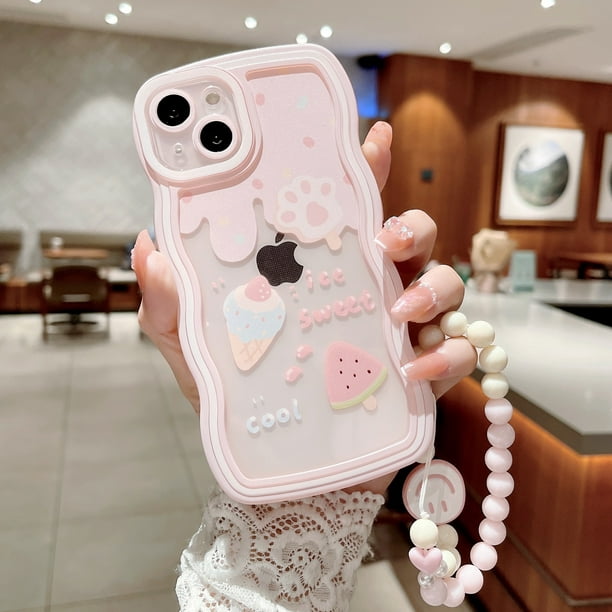 Para iPhone 13 funda de teléfono rosa helado + carcasa de choque (449  helado rosa con correa) brillar Electrónica