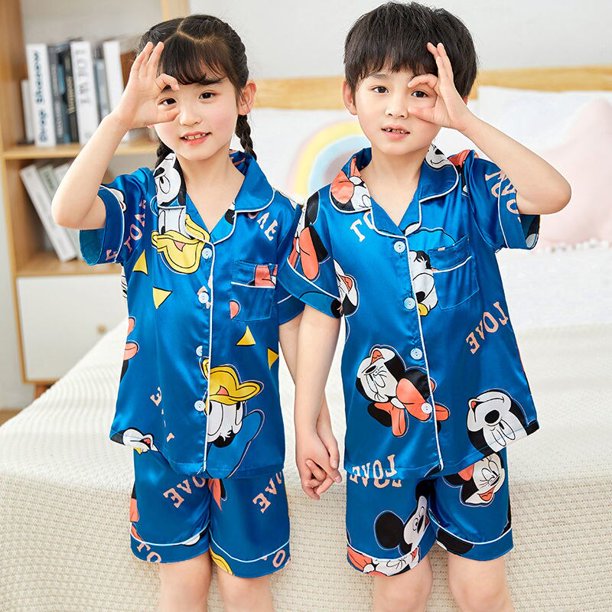 disney Children Pyjama Sets Silk Satin Sleepwear Mickey Mouse T shirt Nightwear Girl Boy Homewear Ki Gao Jinjia LED