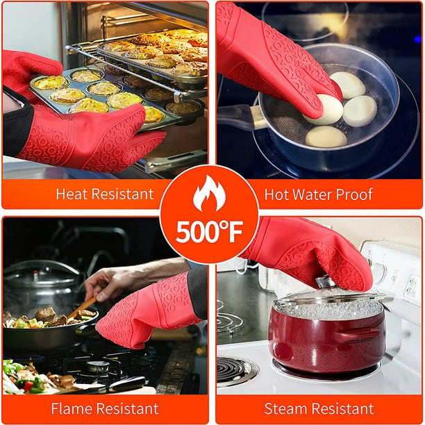  Manoplas de horno de silicona, guantes largos para horno  resistentes al calor (500 °F), guantes de horno y soportes para ollas,  guantes de horno de silicona con 2 mini manoplas, 2