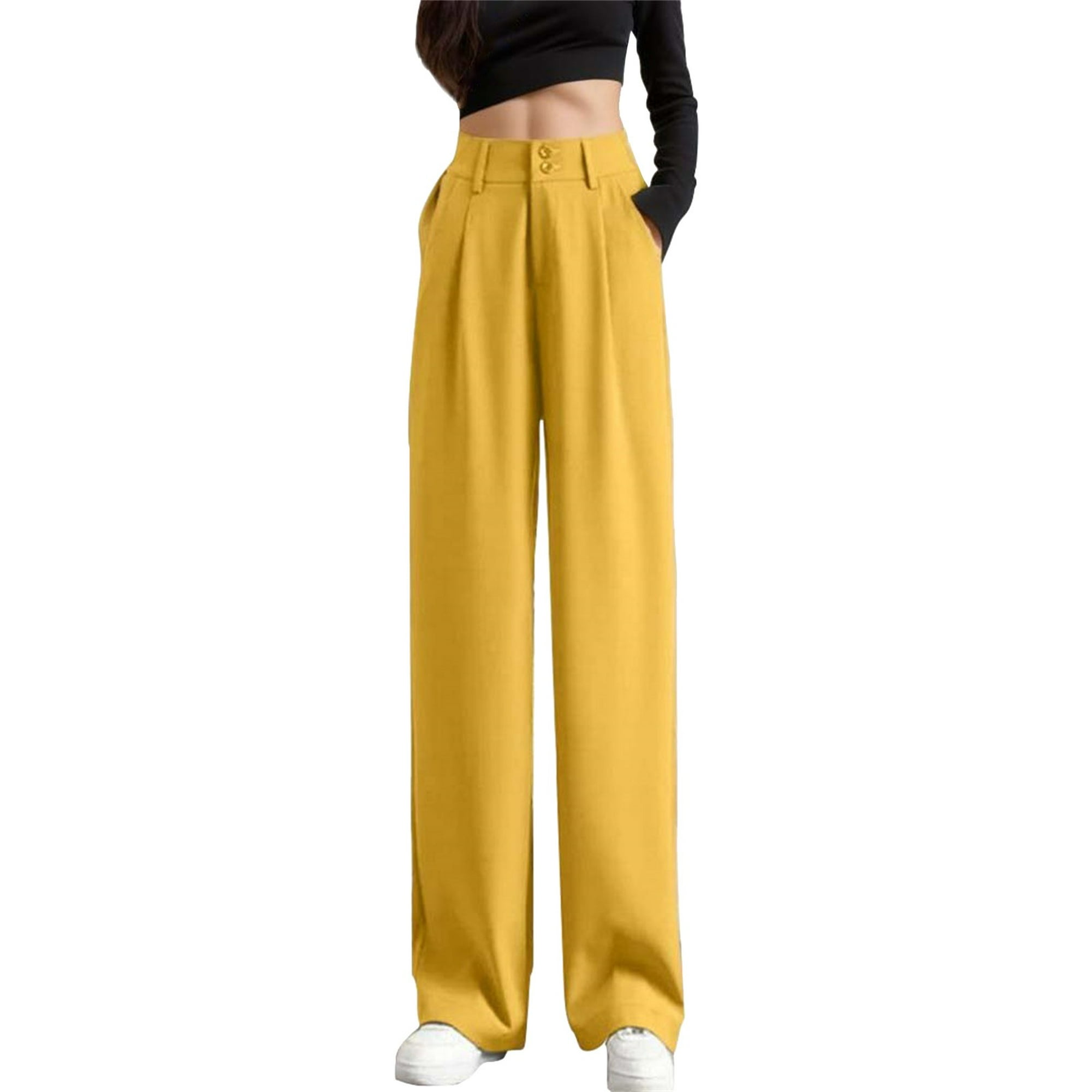 Gibobby Pantalones de pierna ancha para mujer, cintura elástica alta en la  parte trasera, pantalones de trabajo de negocios, pantalones de traje rectos  largos para (Yellow, XL)