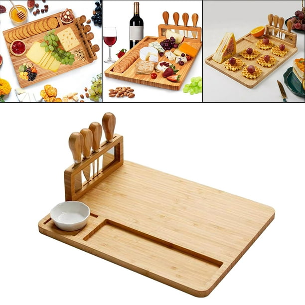 Tabla de quesos de 1 pieza, bandeja para servir con 4 cuchillos de acero  inoxidable para cubiertos, tabla de delicatessen de madera maciza (14'x11')