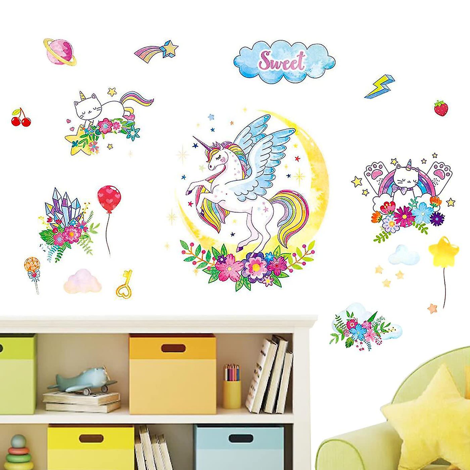 Vinilos decorativos para niños, adhesivos de pared de unicornio, adhesivos  de pared de dibujos animados de unicornio, adhesivos de pared de arcoíris para  niños JM