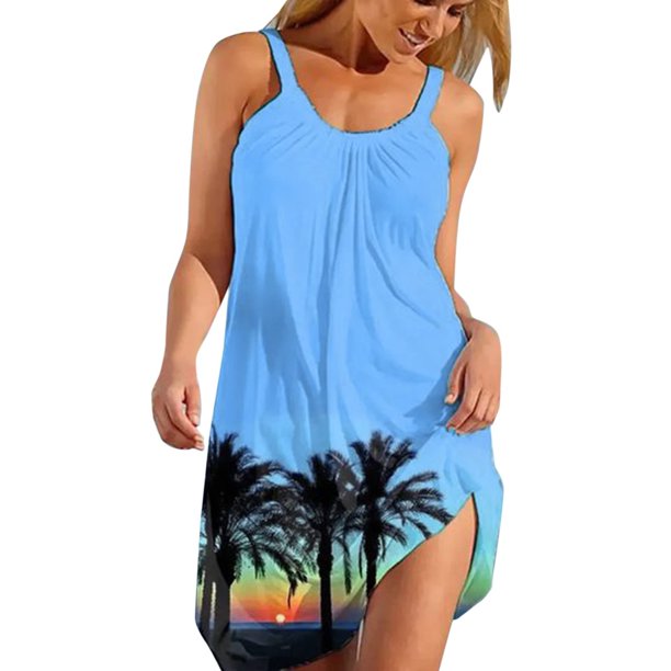 Vestidos de playa para mujer, vestido de verano casual con cuello en V, sin  mangas, sexy, para playa, corto, suelto, mini vestido de verano