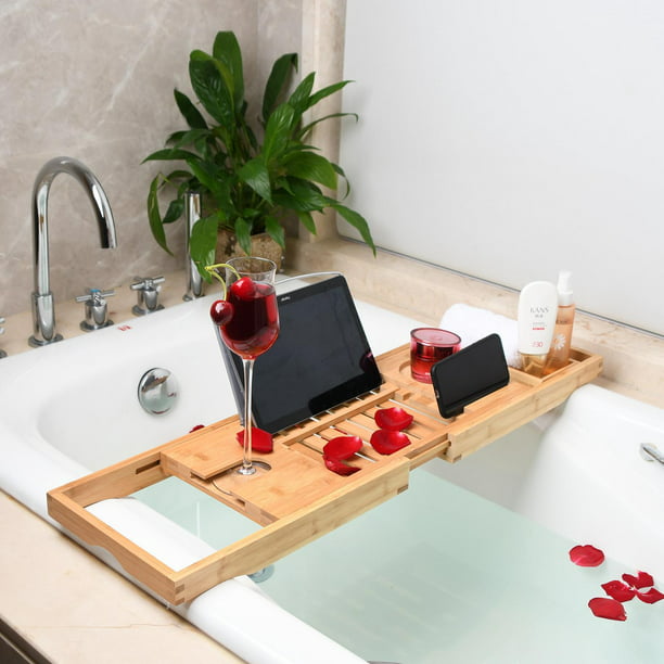 Bandeja para bañera, bandeja de baño de bambú, estante de lectura  extensible, soporte para tableta, soporte para teléfono, soporte para copas  de vino