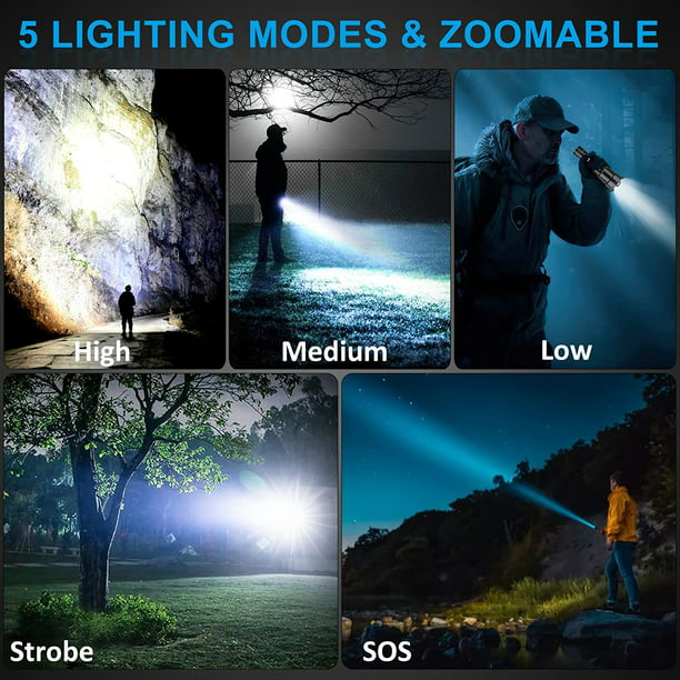 Linterna potente superbrillante de 120000 lúmenes, 5 modos de luz, linternas  LED recargables de alto lúmenes, linternas impermeables IPX6 para  exteriores (mediano)
