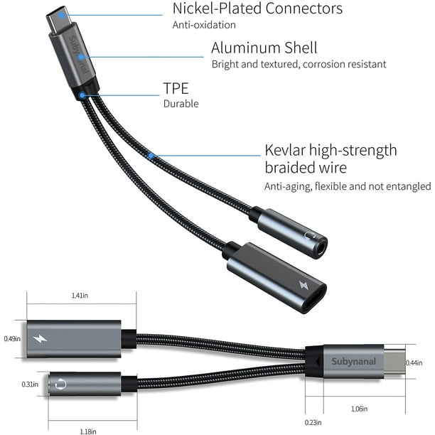 Adaptador de cargador y auriculares USB C a 3.5 mm, puerto de carga USB C  PD 3.0 y conector de audio auxiliar de jack y cable de carga rápida  compatible con Samsung