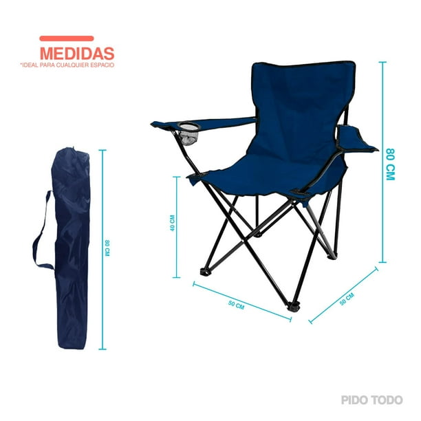 Tradineur - Silla de camping plegable con reposabrazos y portavasos, acero  y poliéster, incluye bolsa, máximo 90 kg, acampada, p