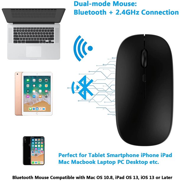 Ratón Bluetooth, mouse inalámbrico de 2.4 G (Bluetooth 5.0+USB), mouse  inalámbrico con receptor USB, mouse ergonómico compatible con laptop, iPad