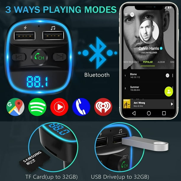 Transmisor FM Bluetooth para coche, adaptador de radio inalámbrico  Bluetooth 5.0 Kit de coche con llamadas manos libres 2 puertos USB  compatible con