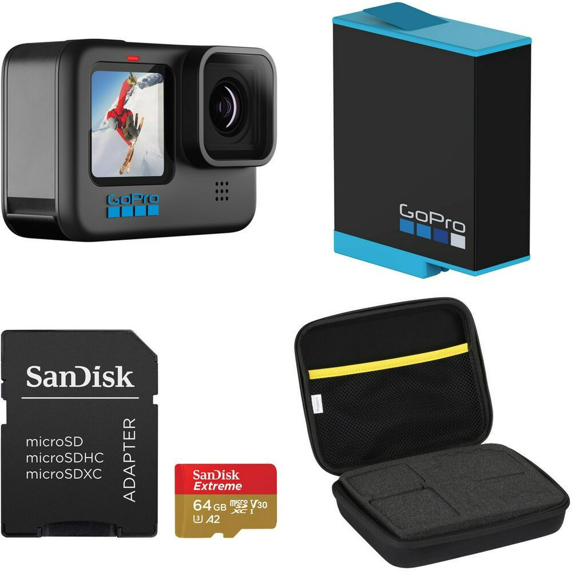 GoPro HERO10 (Hero 10) Negro con paquete de accesorios de primera calidad:  SanDisk Ultra tarjeta de memoria microSD de 64 GB, batería de repuesto