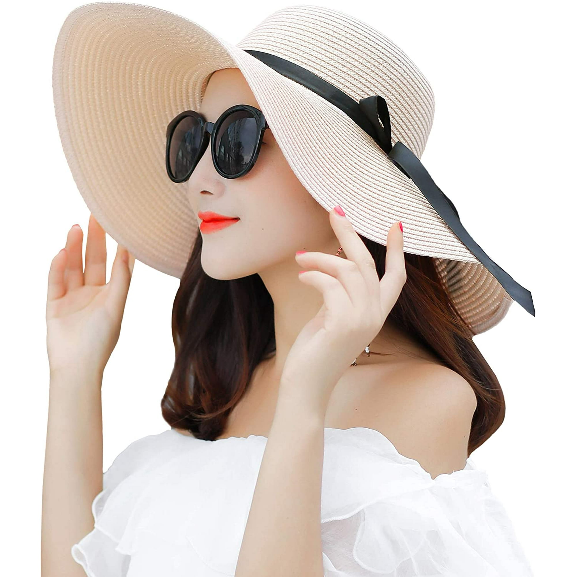 Sombrero para el sol de paja de ala ancha para mujer, gorra enrollable  plegable con protección solar UPF 50+, sombreros de playa de verano  Ormromra CZMR-YX33-5