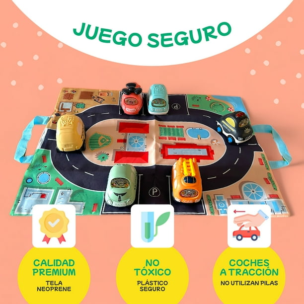 Pistas de Carros para Niños con Set de 6 Carritos para Niños - 2 en 1 -  Bolsa de Almacenamiento - Tapete Pista de Carros para Niños - Camiones de  Juguete para Niño - Plastico Premium