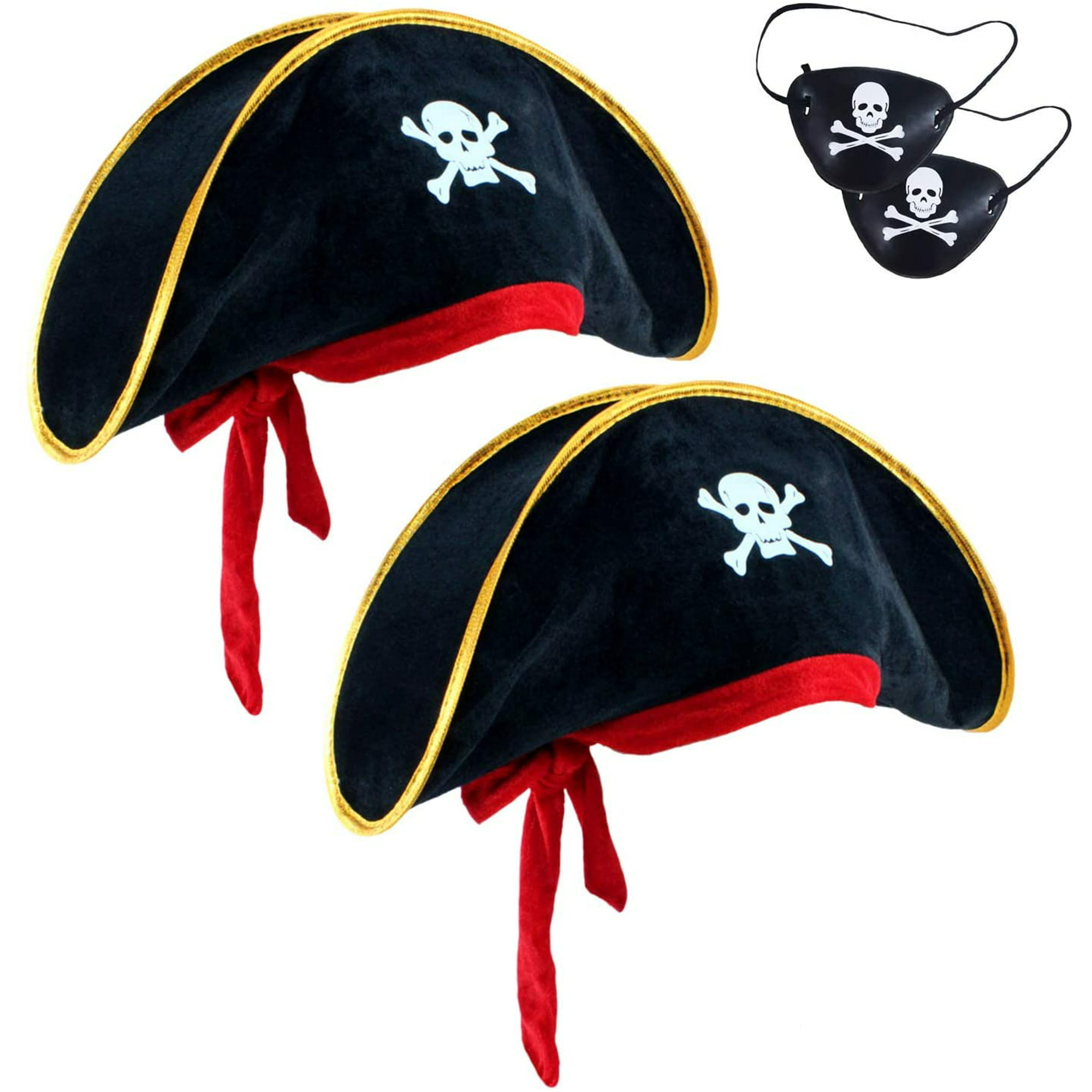 6 piezas encantadoras accesorios para disfraz de pirata caribeño: 2  sombreros de capitán con estampado de calavera, 2 parches en los ojos, 2  espadas