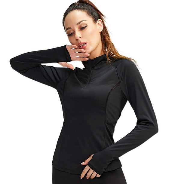 Traje deportivo de manga larga para mujer, traje de yoga para correr,  medias elásticas altas, suéter de cuello alto de secado rápido (negro)  MFZFUKR BST3016118-5