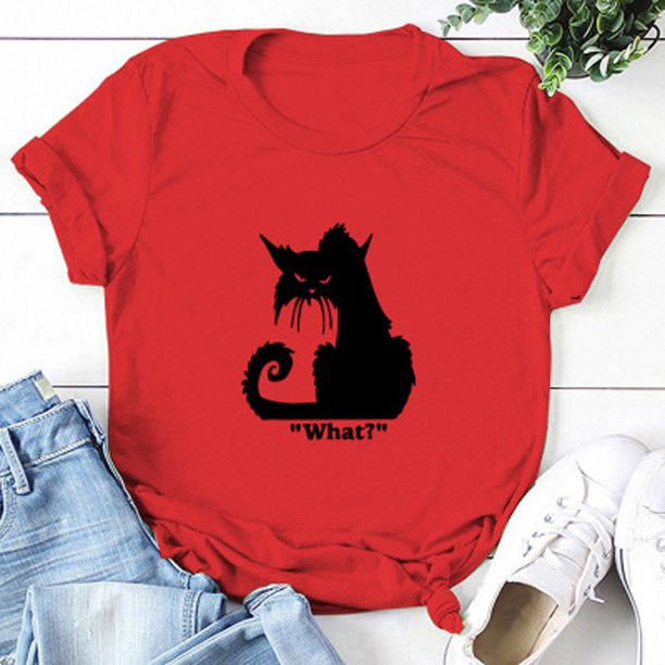 Pntutb Camiseta Con Estampado De Letras De Gato Negro Informal De Halloween Para Mujer Blusa