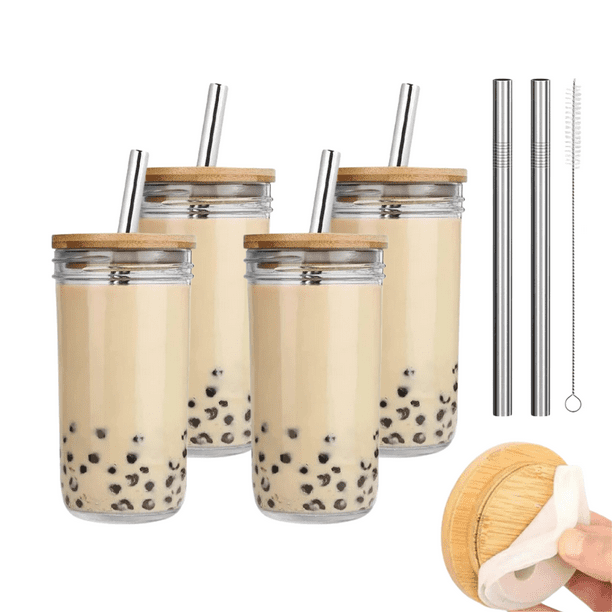 LUOZZY 2 vasos para beber con tapas de bambú y popote de vidrio en forma de  lata, vasos de café helado para cóctel, 400 + 18.3 fl oz
