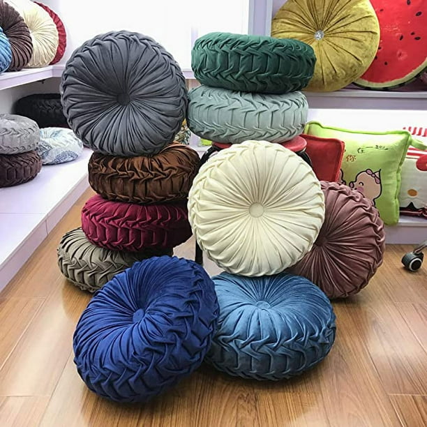 Cojines redondos de terciopelo circular, plisados, de algodón suave, color  sólido, decoración del hogar para sofá, cama, silla, lumbar, fucsia