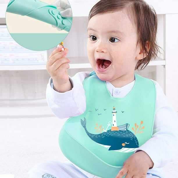 Sweet Child Paquete de 3 baberos de silicona impermeables,  bolsillo más profundo para atrapar alimentos, libre de BPA de grado  alimenticio, resistentes al olor, de 6 a 24 meses : Bebés