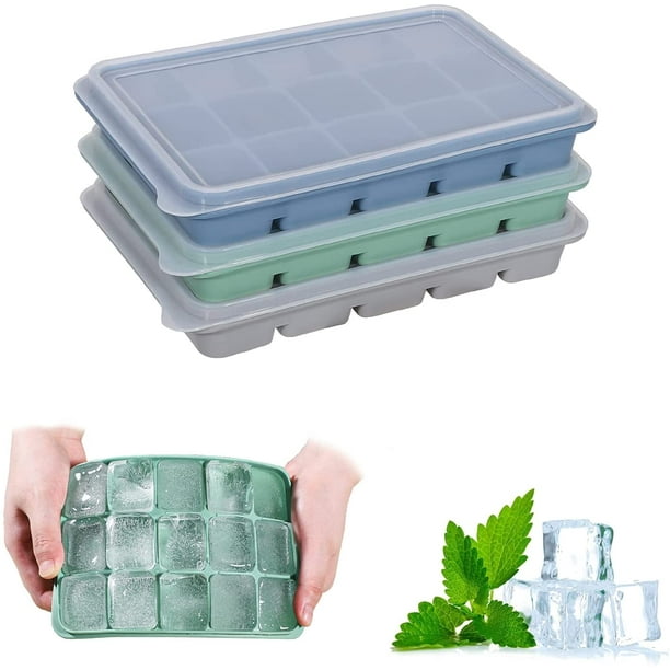 Bandejas de silicona para cubitos de hielo con tapa, paquete de 3 moldes  cuadrados para cubitos de hielo, bandejas de hielo grandes para  contenedores