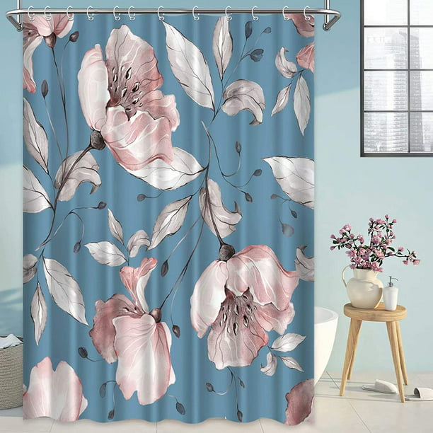 Cortinas de ducha florales para baño, juego de cortinas de ducha con flores  rosas y grises, tela de fondo azul, impermeable, lavable, 72 x 72 pulgadas  Adepaton HMHZ1193-5