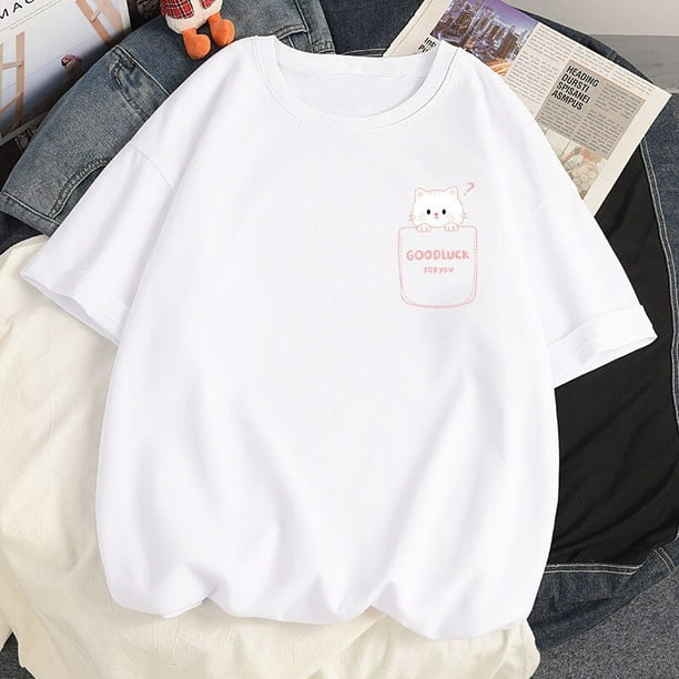 Camiseta 2023 de algodón para mujer, ropa Harajuku Kawaii con bolsillo y  estampado de gato, holgada, informal, de manga corta, Y2k, 100%
