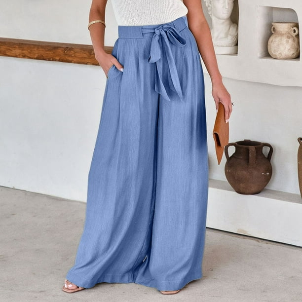Pantalones Anchos Pantalones de pierna ancha casuales para mujer Pantalones  largos de verano de moda con cordones (Azul S) Cgtredaw Para estrenar