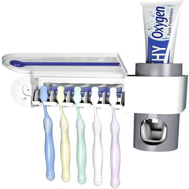 Soporte para cepillo de dientes montado en la pared 2 en 1 Luz UV  Esterilizador de cepillo de dientes UV Dispensador automático de pasta de  dientes Juego de baño para el hogar