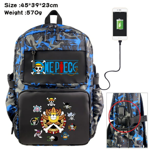 Ready Stock] Mochila One Piece, mochila con Cable de datos de carga USB  periférico de Anime, mochila impermeable de nailon de camuflaje, mochila  escolar