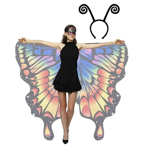 GRAJTCIN Capa de alas de mariposa para mujer, disfraz de hada de Halloween,  Mardi Gras con máscara de antenas para adultos (rosa y azul)