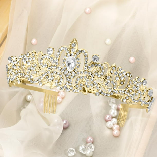 Corona dorada de reina para mujer, corona de cumpleaños para niñas, tiaras  y coronas de diamantes de imitación de cristal para novia, boda