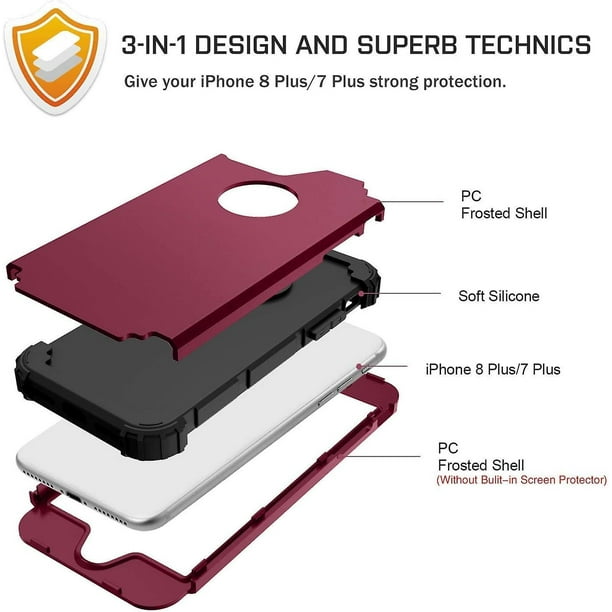 MXX Funda protectora resistente para iPhone 8 Plus con protector de  pantalla [3 capas], funda de protección de goma resistente a prueba de  golpes para