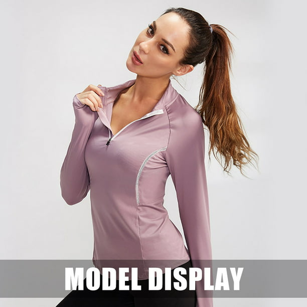 Traje deportivo de manga larga para mujer, traje de yoga para correr,  medias elásticas altas, suéter de cuello alto de secado rápido (rosa)  Zhivalor